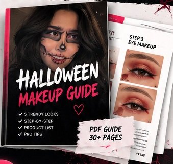 Halloween Makeup Guide PDF mockup with step-by-step pages, five trendy looks, product list and pro tips. 30+ pages.