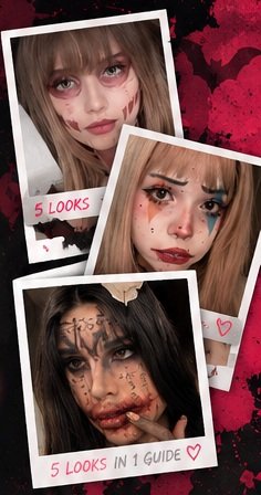 Three overlapping Halloween makeup photographs: doll, clown and creepy doll looks